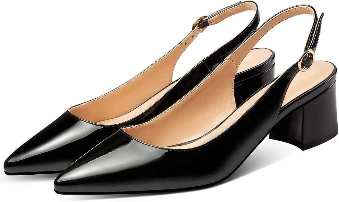 Eldof Pointed Toe Pumps, Block Heel Slingback with Bukles, Classic 2" Low Heel for Wedding Party Office Work US5-US13