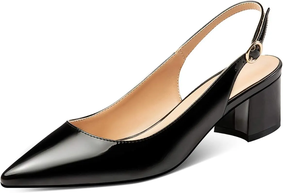 Eldof Pointed Toe Pumps, Block Heel Slingback with Bukles, Classic 2" Low Heel for Wedding Party Office Work US5-US13