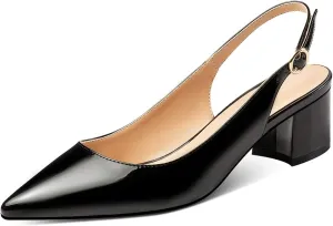 Eldof Pointed Toe Pumps, Block Heel Slingback with Bukles, Classic 2" Low Heel for Wedding Party Office Work US5-US13