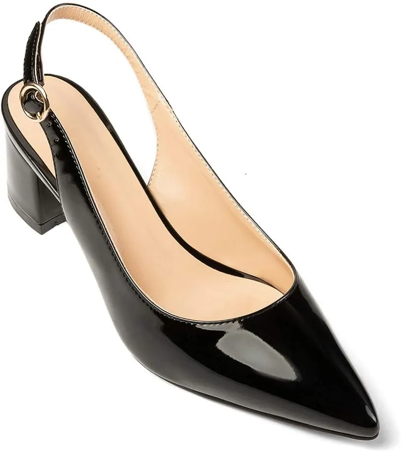 Eldof Pointed Toe Pumps, Block Heel Slingback with Bukles, Classic 2" Low Heel for Wedding Party Office Work US5-US13