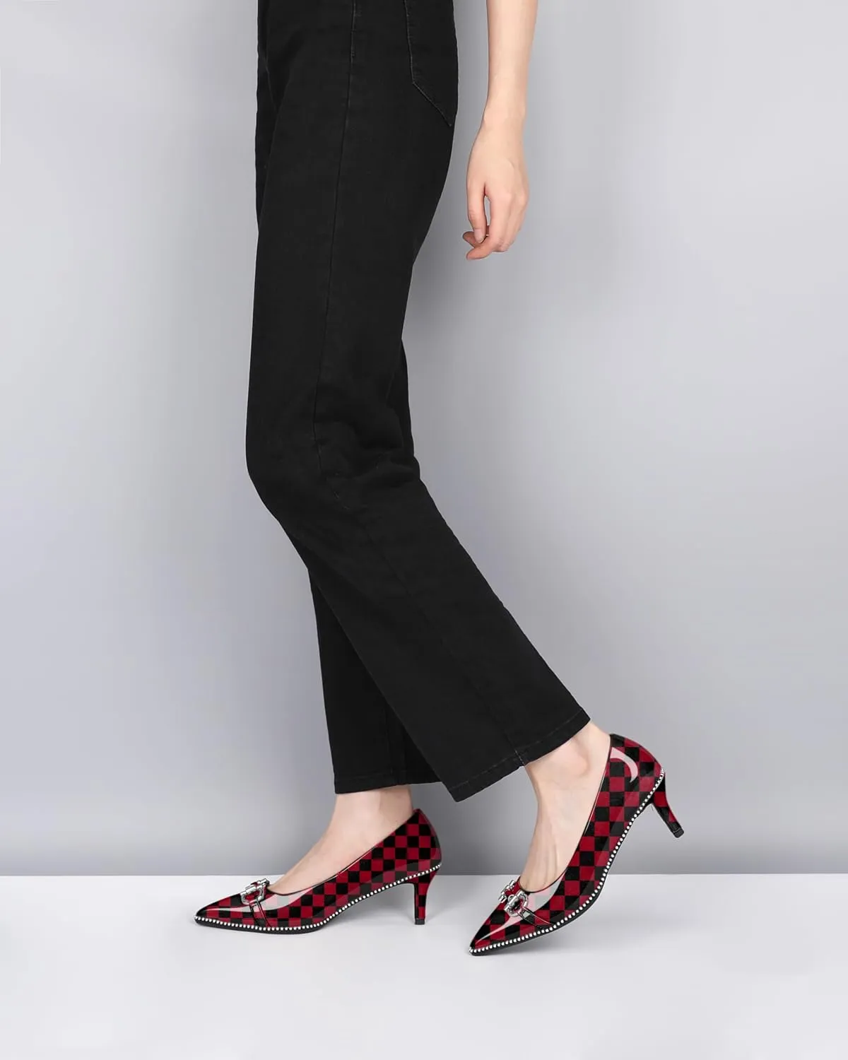 Eldof Women's Kitten Heel Pumps Pointed Toe Slip On Buckle Strap Low Heel Beaded Pumps Shoes2.5 Inches