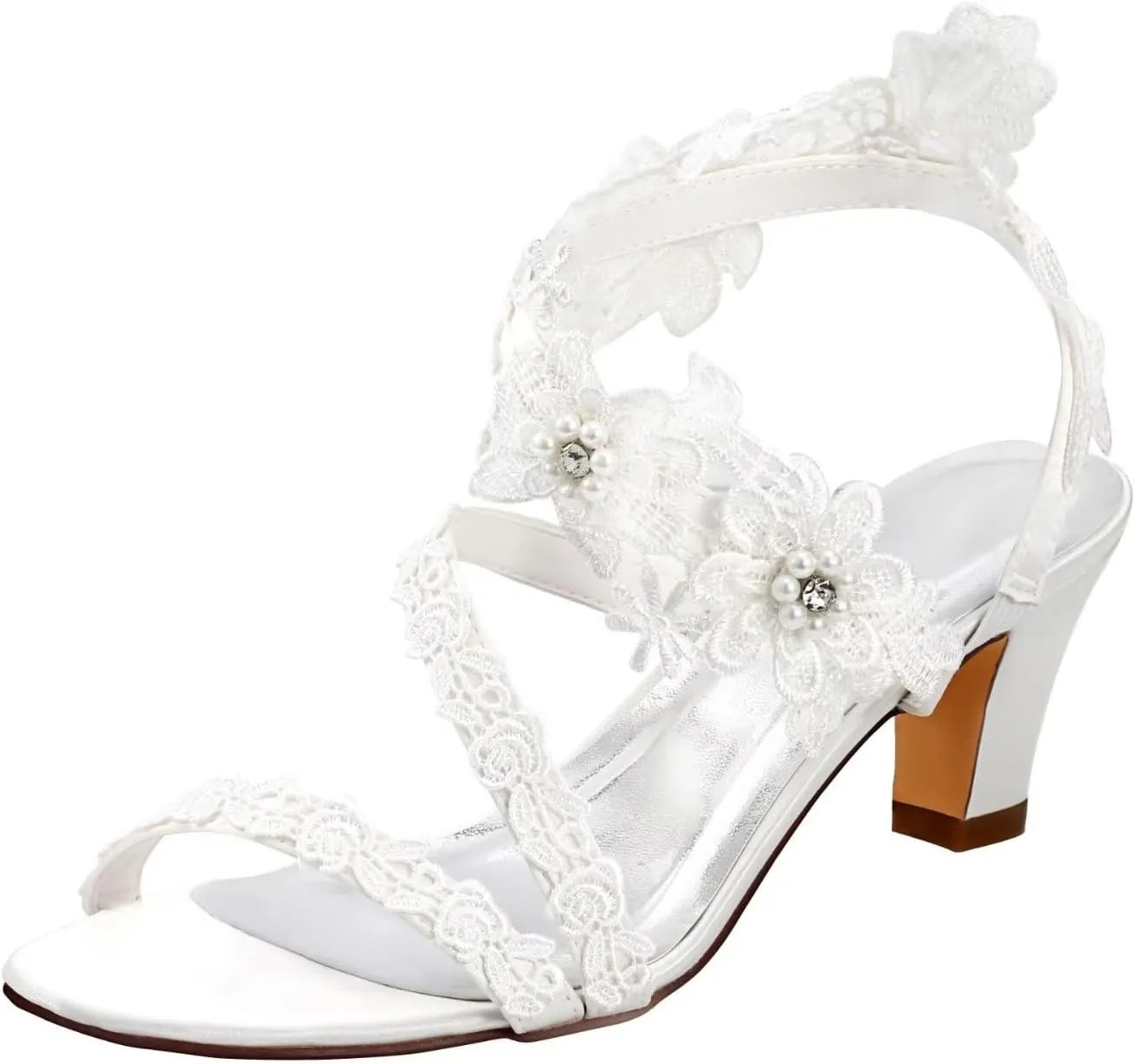 Emily Bridal 105-7-1 Wedding Shoes Women's Silk Like Satin Chunky Heel Pumps with Stitching Lace Flower Crystal Pearl