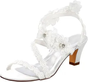 Emily Bridal 105-7-1 Wedding Shoes Women's Silk Like Satin Chunky Heel Pumps with Stitching Lace Flower Crystal Pearl