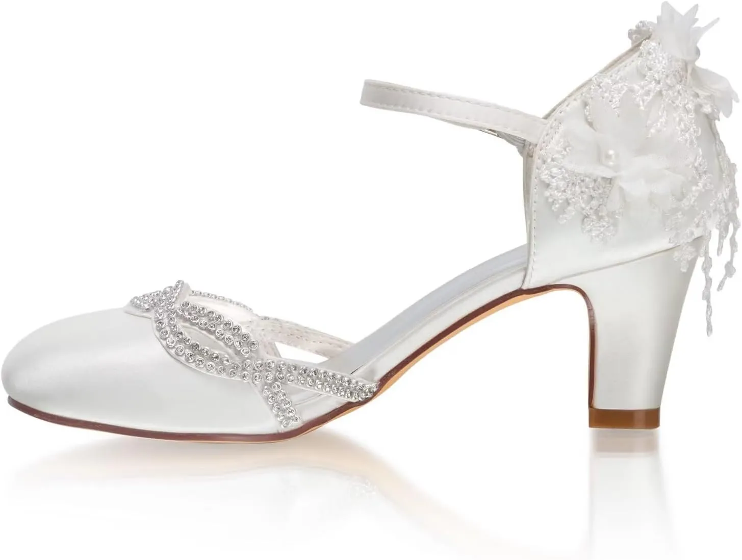 Emily Bridal 1505-16A Wedding Shoes Women's Silk Like Satin Chunky Heel Pumps with Stitching Lace Flower Crystal Pearl