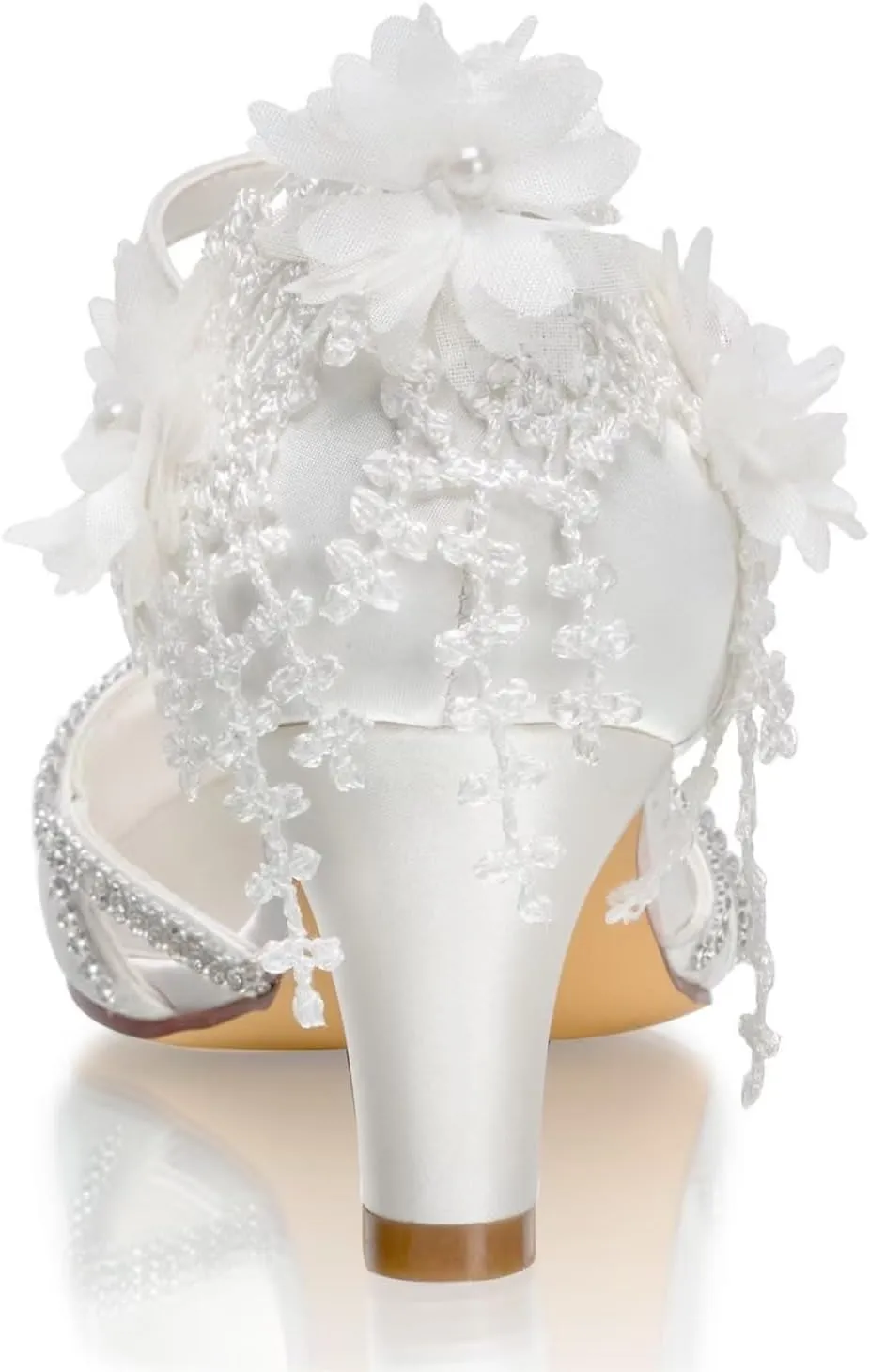 Emily Bridal 1505-16A Wedding Shoes Women's Silk Like Satin Chunky Heel Pumps with Stitching Lace Flower Crystal Pearl