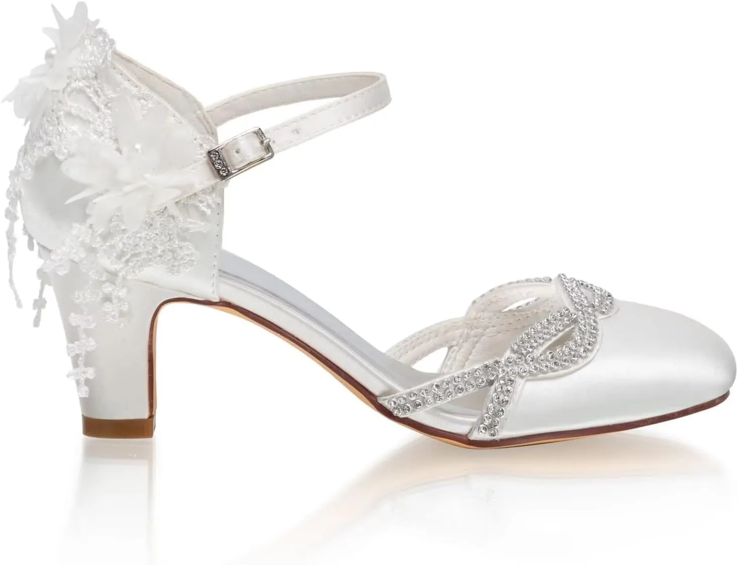 Emily Bridal 1505-16A Wedding Shoes Women's Silk Like Satin Chunky Heel Pumps with Stitching Lace Flower Crystal Pearl