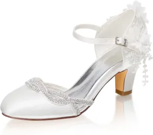 Emily Bridal 1505-16A Wedding Shoes Women's Silk Like Satin Chunky Heel Pumps with Stitching Lace Flower Crystal Pearl