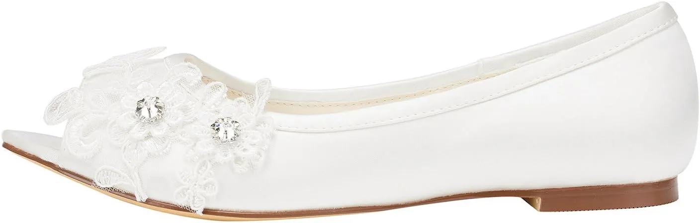 Emily Bridal Wedding Shoes Women's Satin Flat Heel Peep Toe with Crystal Heel Crystal