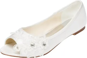 Emily Bridal Wedding Shoes Women's Satin Flat Heel Peep Toe with Crystal Heel Crystal