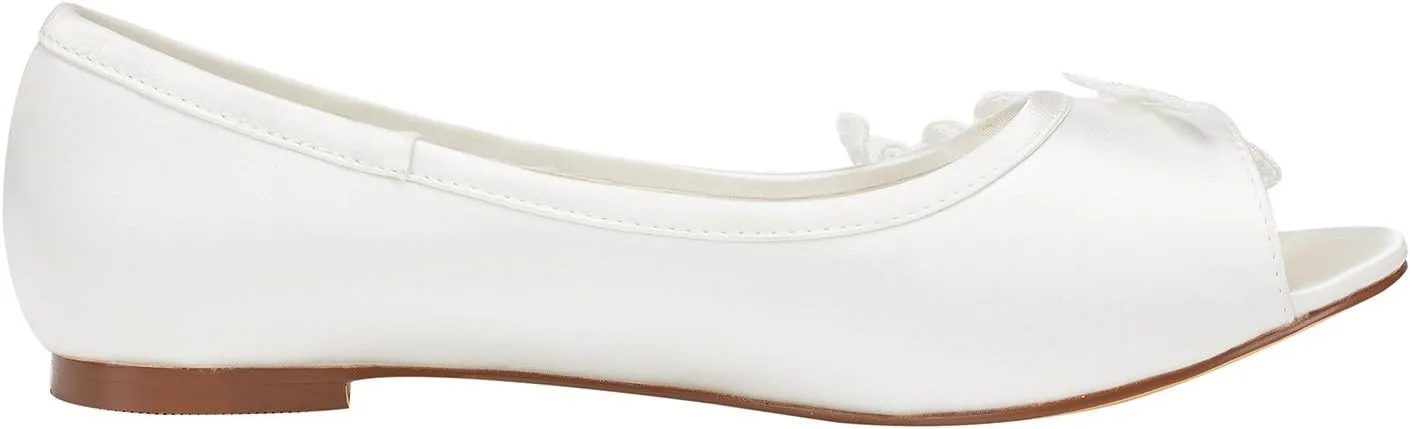 Emily Bridal Wedding Shoes Women's Satin Flat Heel Peep Toe with Crystal Heel Crystal