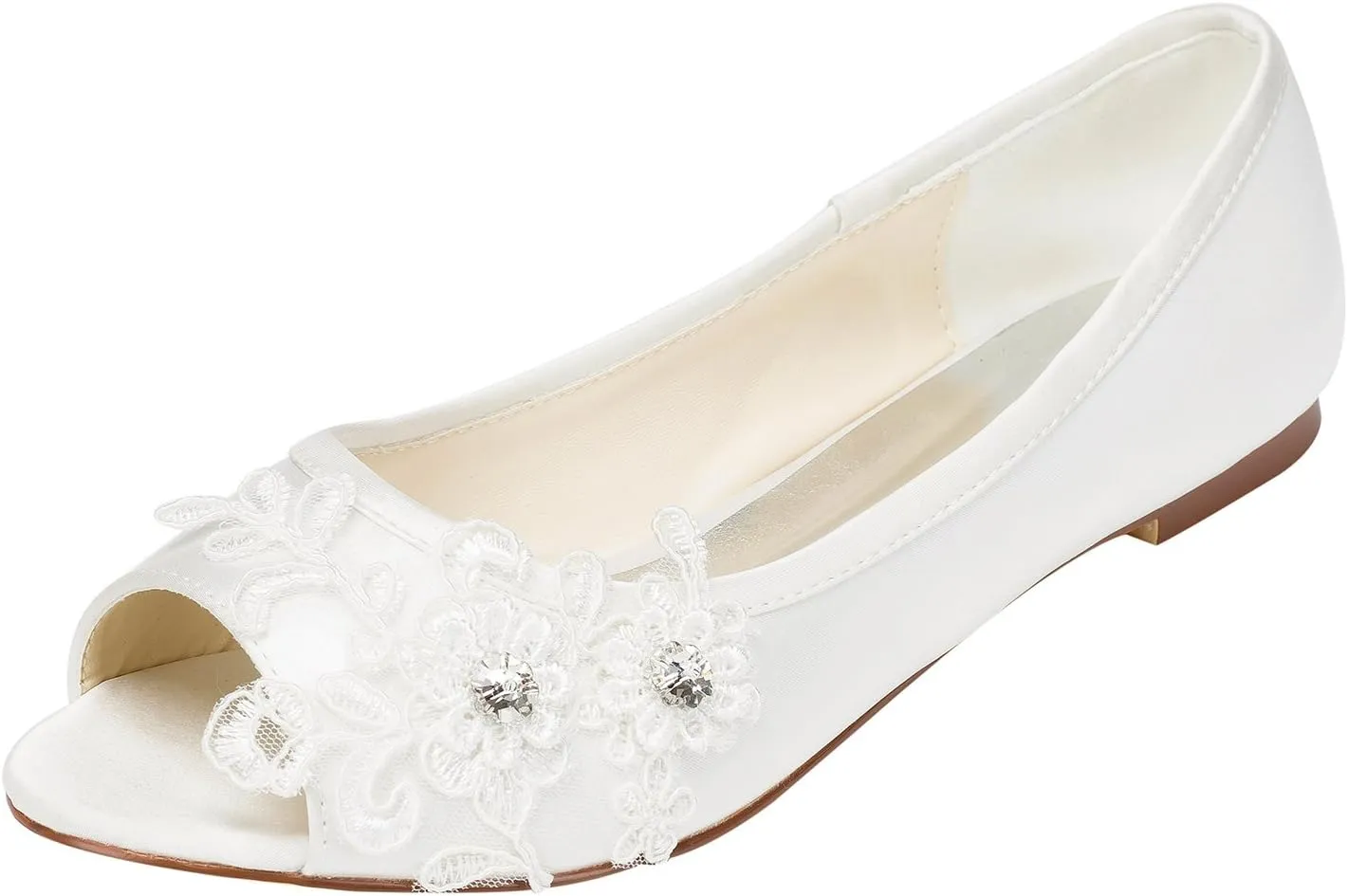 Emily Bridal Wedding Shoes Women's Satin Flat Heel Peep Toe with Crystal Heel Crystal