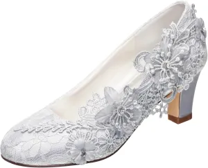 Emily Bridal Wedding Shoes Women's Silk Like Satin Chunky Heel Pumps with Stitching Lace Flower Crystal Pearl