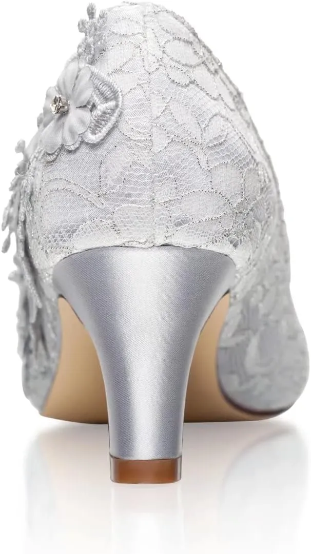 Emily Bridal Wedding Shoes Women's Silk Like Satin Chunky Heel Pumps with Stitching Lace Flower Crystal Pearl