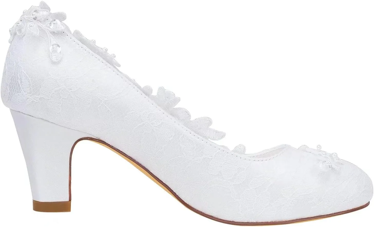 Emily Bridal Wedding Shoes Women's Silk Like Satin Chunky Heel Pumps with Stitching Lace Flower Crystal Pearl