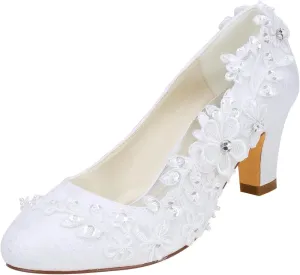 Emily Bridal Wedding Shoes Women's Silk Like Satin Chunky Heel Pumps with Stitching Lace Flower Crystal Pearl