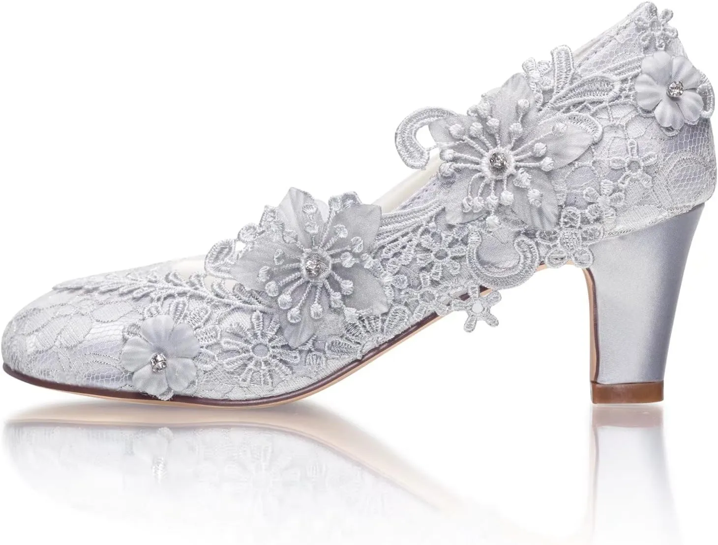 Emily Bridal Wedding Shoes Women's Silk Like Satin Chunky Heel Pumps with Stitching Lace Flower Crystal Pearl