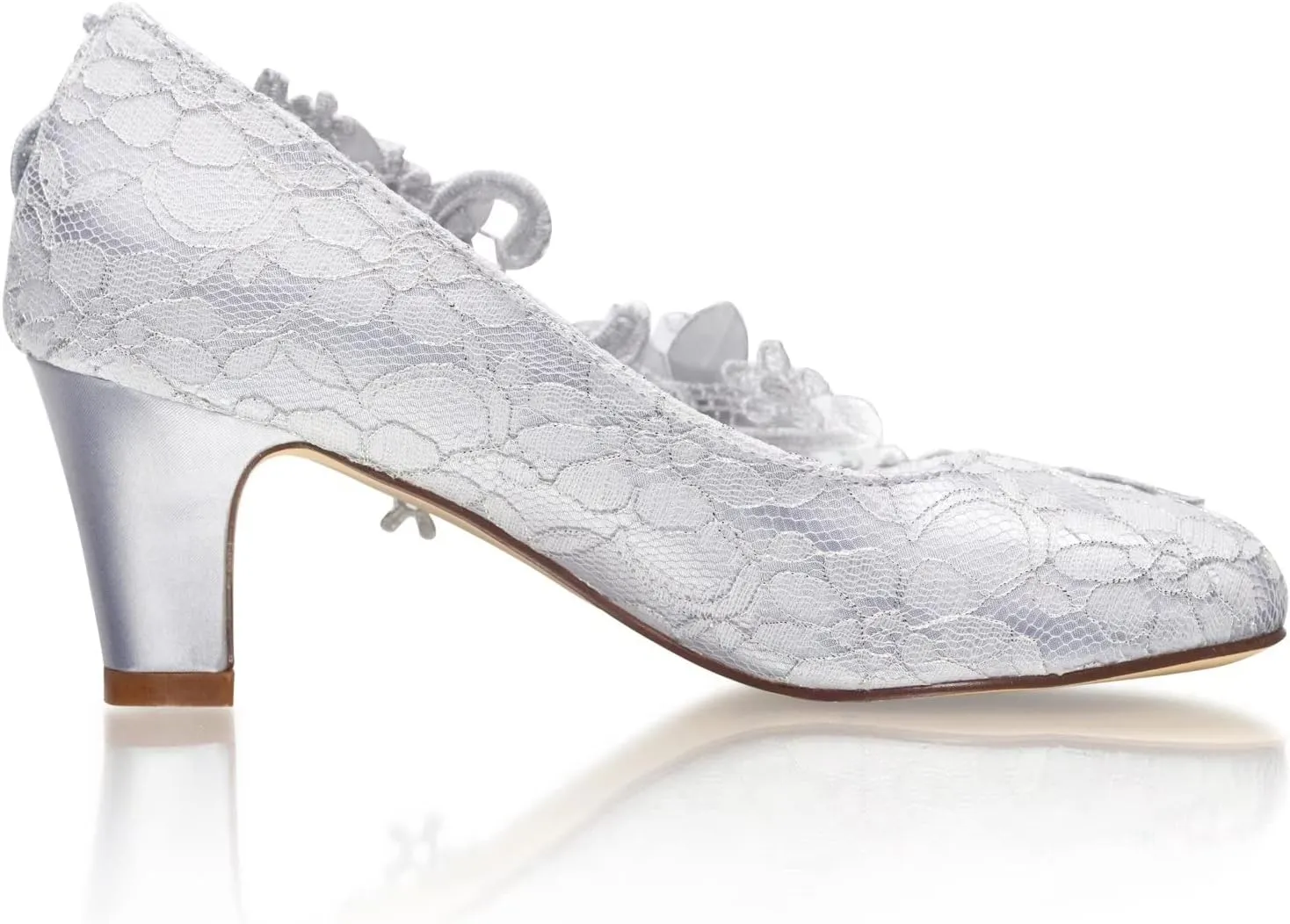 Emily Bridal Wedding Shoes Women's Silk Like Satin Chunky Heel Pumps with Stitching Lace Flower Crystal Pearl