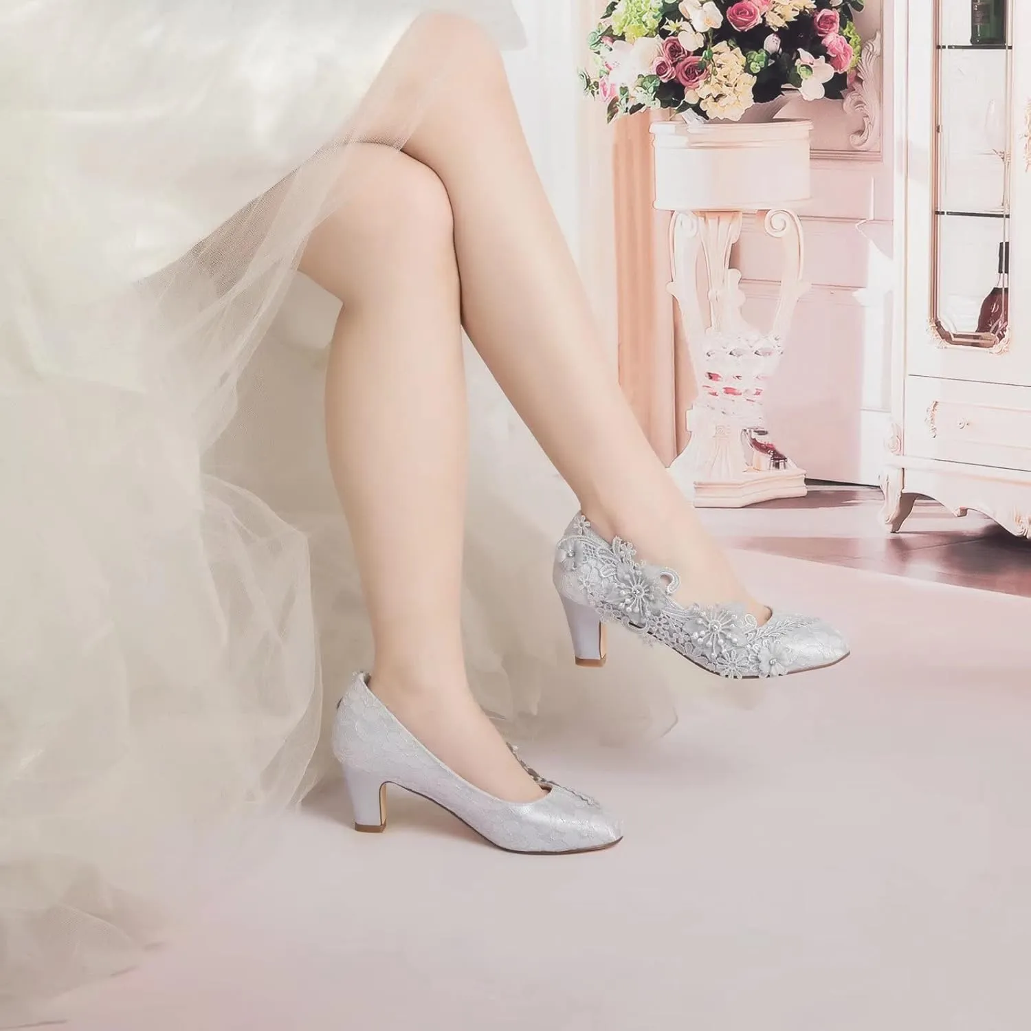 Emily Bridal Wedding Shoes Women's Silk Like Satin Chunky Heel Pumps with Stitching Lace Flower Crystal Pearl