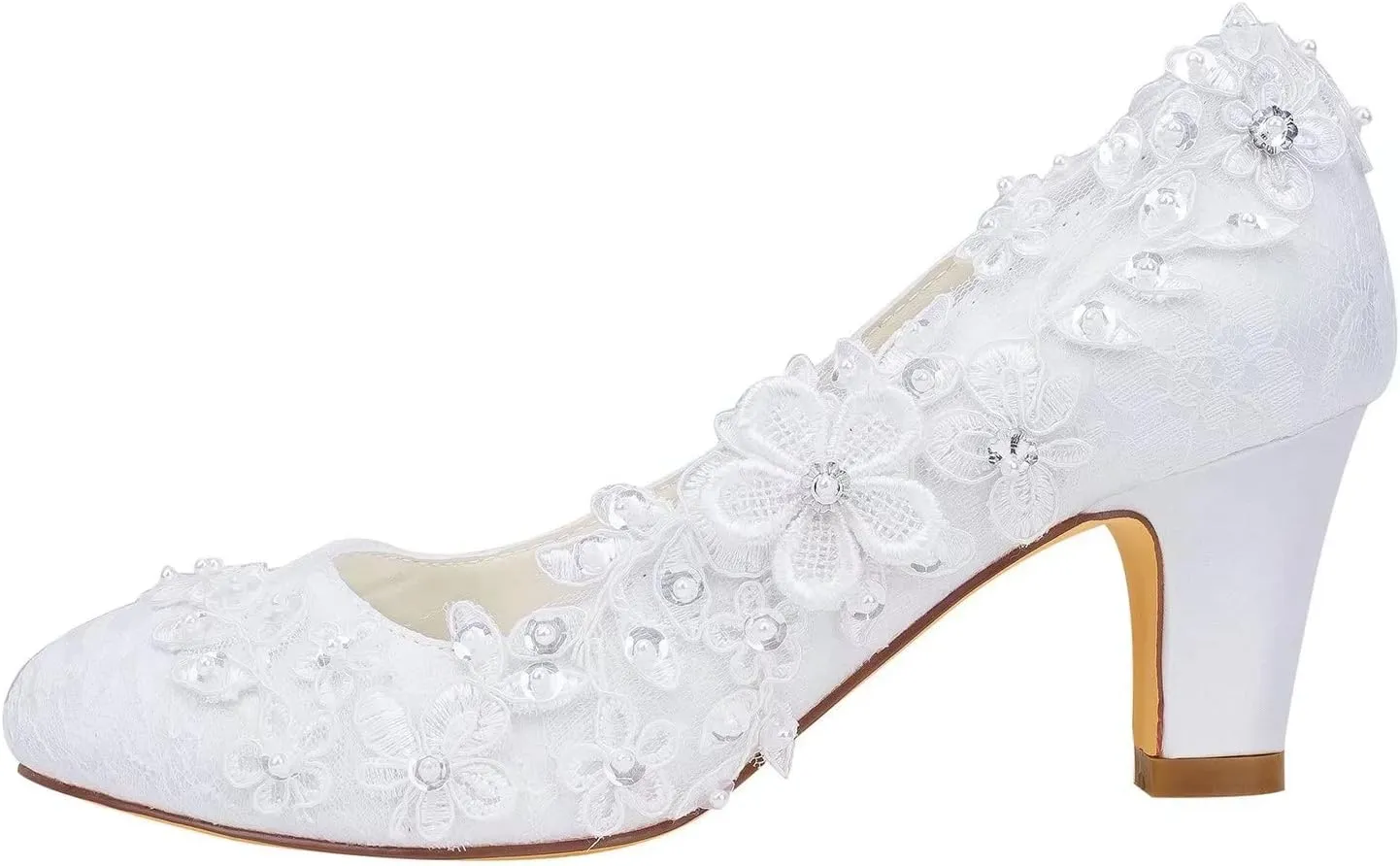 Emily Bridal Wedding Shoes Women's Silk Like Satin Chunky Heel Pumps with Stitching Lace Flower Crystal Pearl