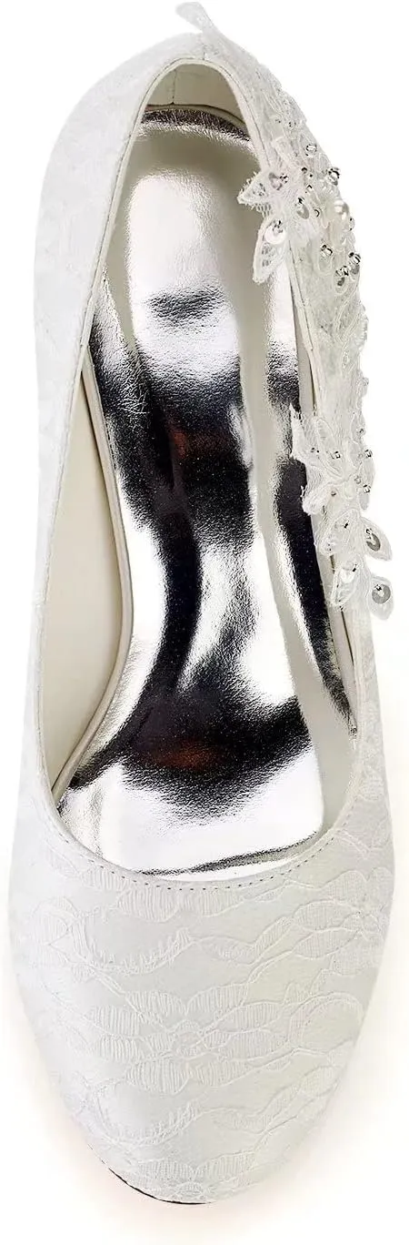 Emily Bridal Wedding Shoes Women's Silk Like Satin Stiletto Heel Pumps Stitching Lace Flower Crystal Pearl