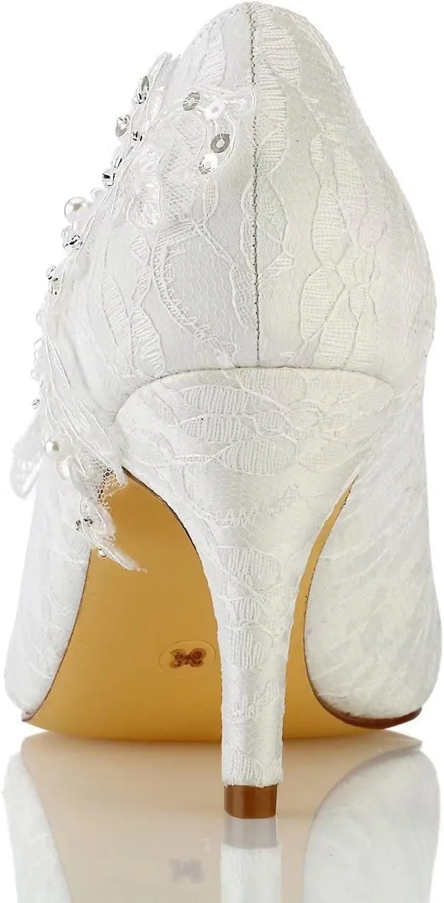 Emily Bridal Wedding Shoes Women's Silk Like Satin Stiletto Heel Pumps Stitching Lace Flower Crystal Pearl