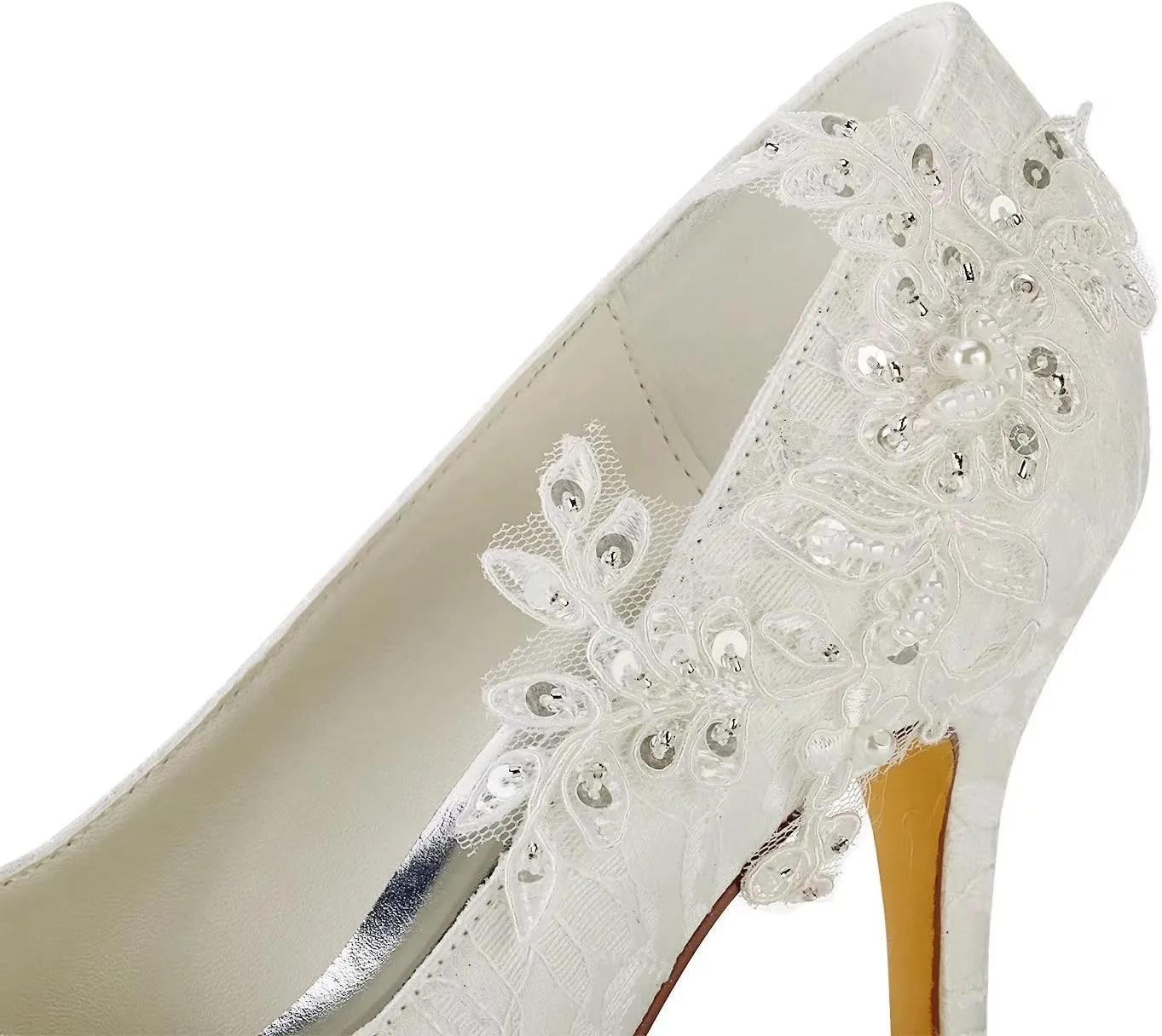 Emily Bridal Wedding Shoes Women's Silk Like Satin Stiletto Heel Pumps Stitching Lace Flower Crystal Pearl