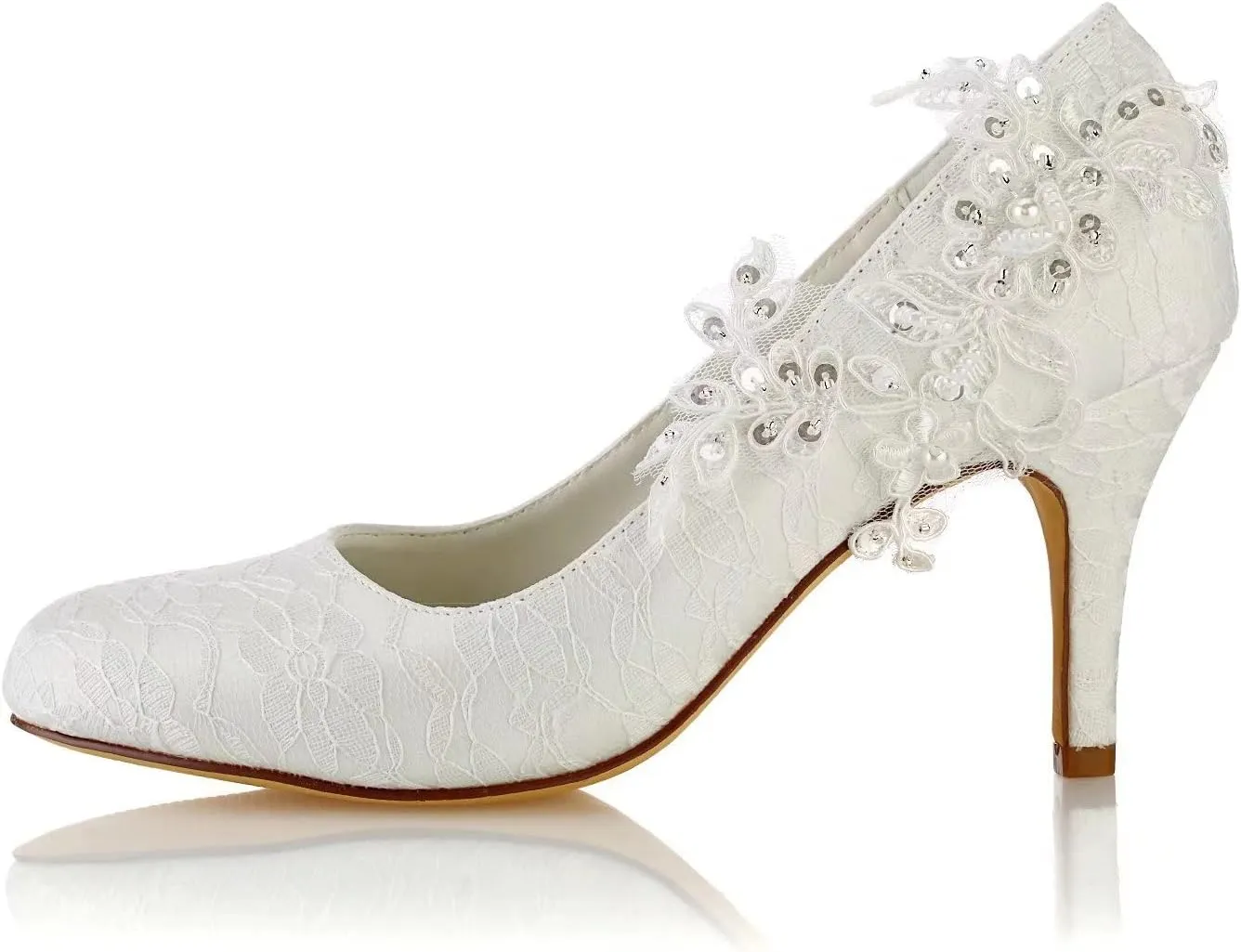 Emily Bridal Wedding Shoes Women's Silk Like Satin Stiletto Heel Pumps Stitching Lace Flower Crystal Pearl