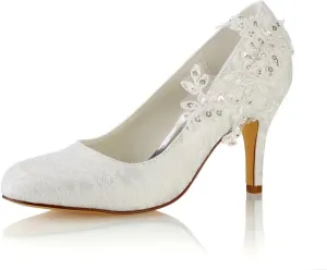 Emily Bridal Wedding Shoes Women's Silk Like Satin Stiletto Heel Pumps Stitching Lace Flower Crystal Pearl