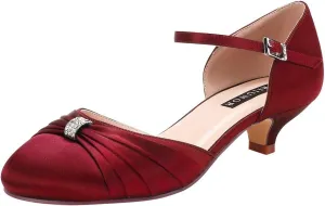 ERIJUNOR Women Comfort Low Kitten Heel Buckle Ankle Strap Satin Bridal Wedding Shoes