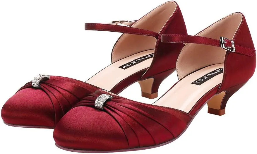 ERIJUNOR Women Comfort Low Kitten Heel Buckle Ankle Strap Satin Bridal Wedding Shoes