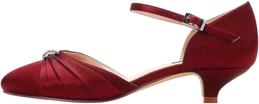 ERIJUNOR Women Comfort Low Kitten Heel Buckle Ankle Strap Satin Bridal Wedding Shoes