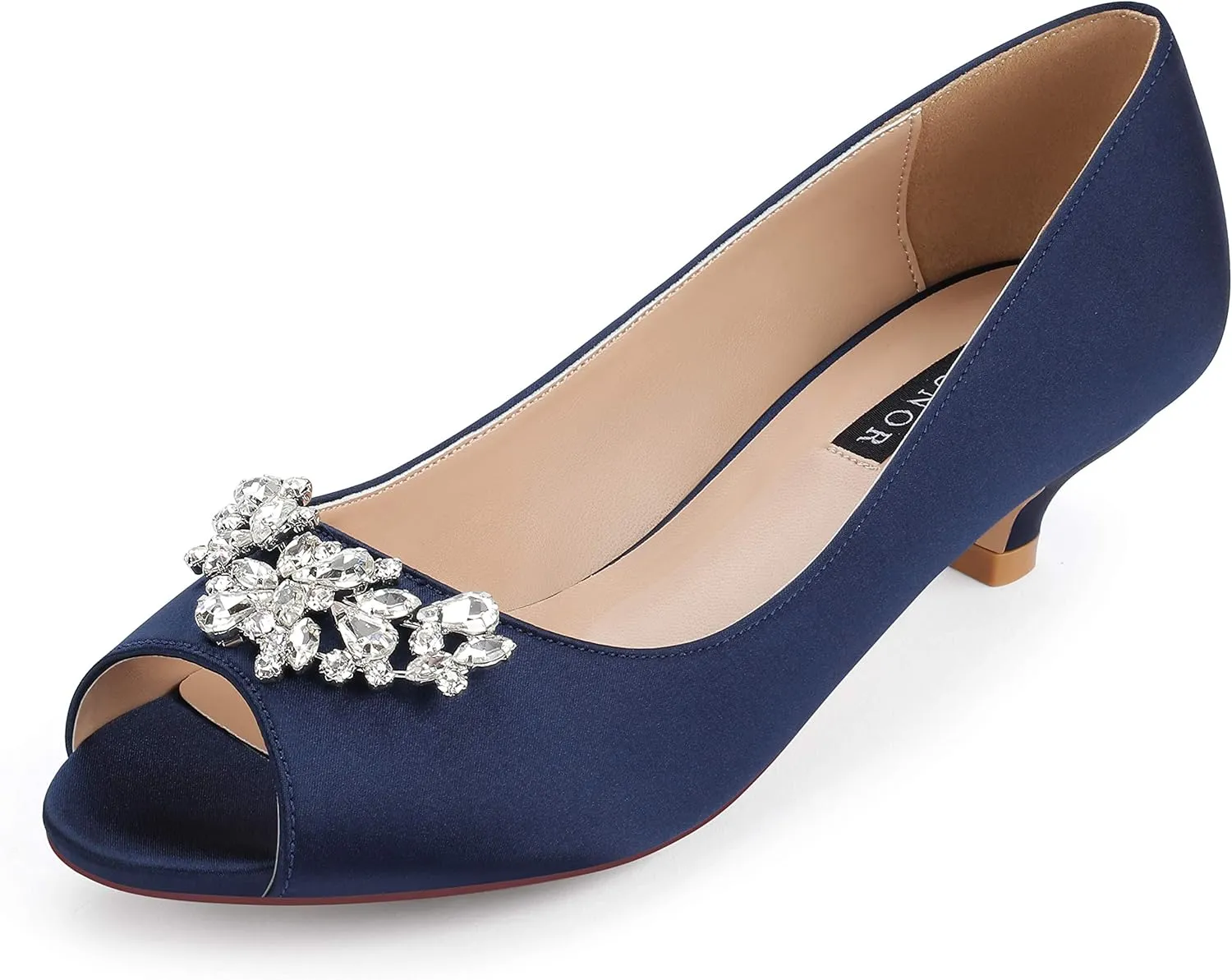 ERIJUNOR Women Comfort Low Kitten Heels Rhinestones Peep Toe Wedding Evening Party Shoes Dress Pumps