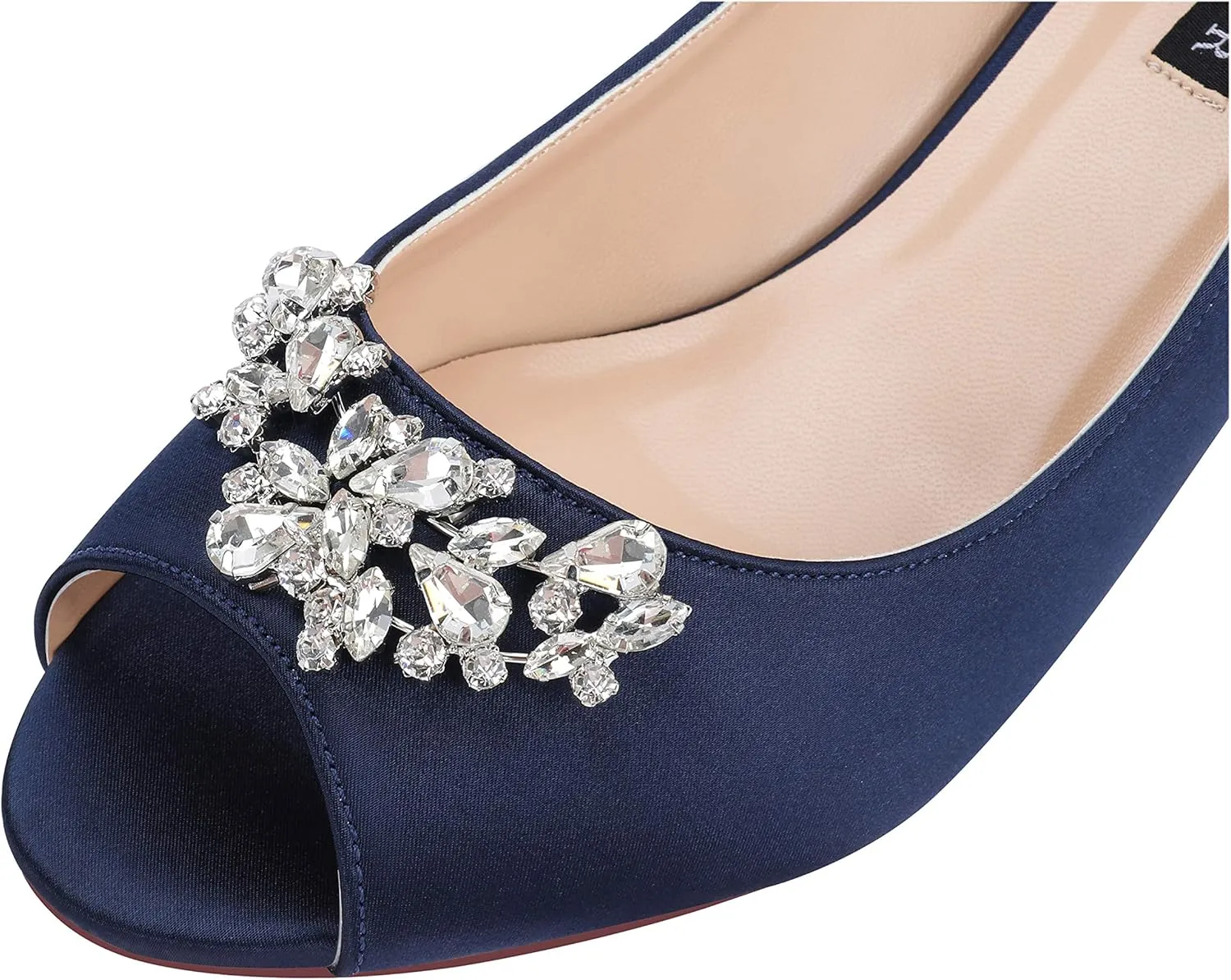 ERIJUNOR Women Comfort Low Kitten Heels Rhinestones Peep Toe Wedding Evening Party Shoes Dress Pumps