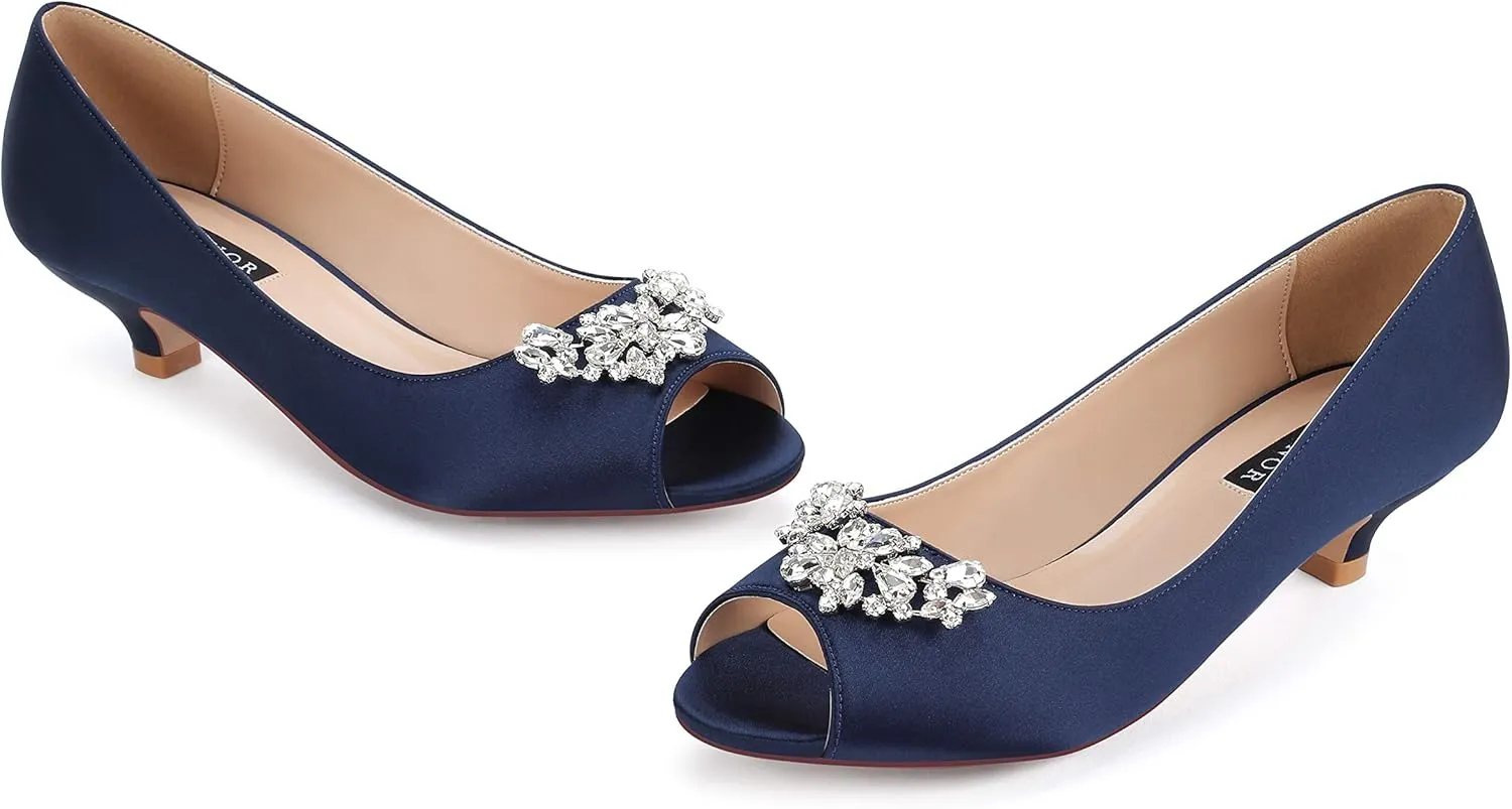 ERIJUNOR Women Comfort Low Kitten Heels Rhinestones Peep Toe Wedding Evening Party Shoes Dress Pumps