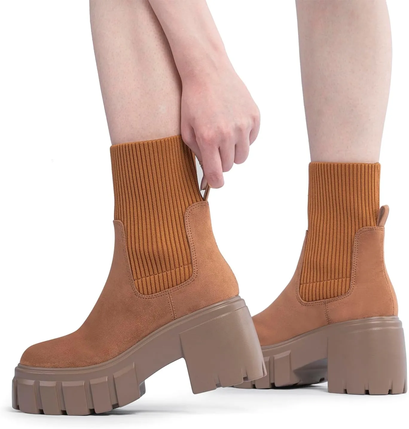 FITORY Women's Ankle Boots Comfy Chelsea Mid Heel Elastic Chunky Heel Lug Sole Booties Size 6-11
