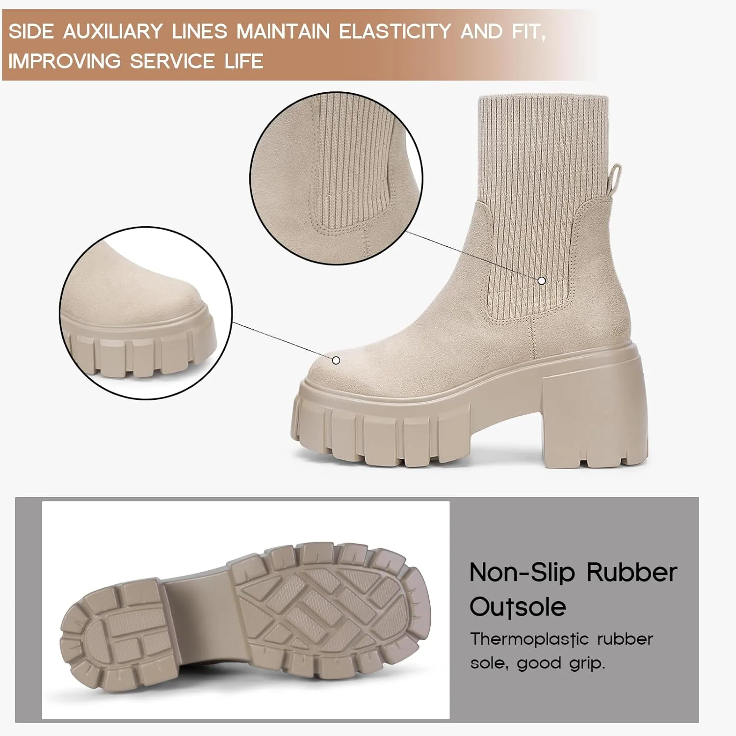FITORY Women's Ankle Boots Comfy Chelsea Mid Heel Elastic Chunky Heel Lug Sole Booties Size 6-11
