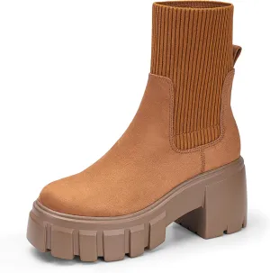 FITORY Women's Ankle Boots Comfy Chelsea Mid Heel Elastic Chunky Heel Lug Sole Booties Size 6-11