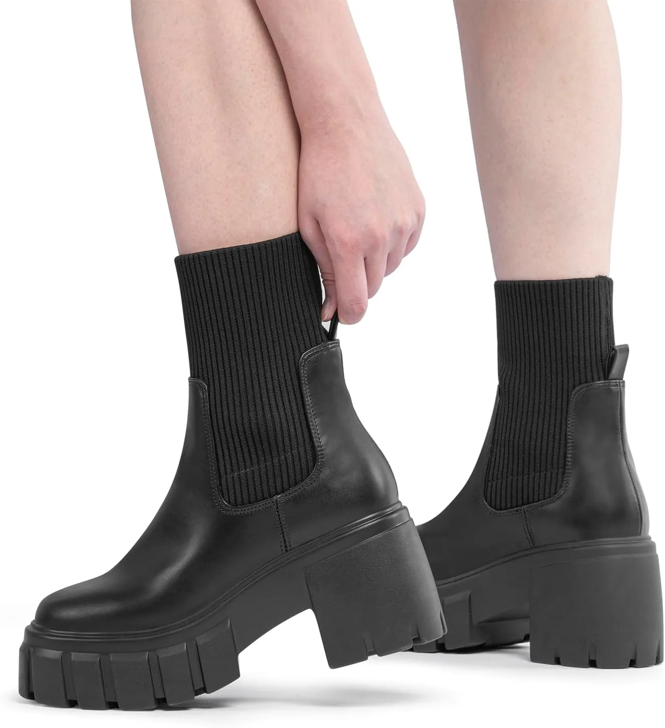 FITORY Women's Ankle Boots Comfy Chelsea Mid Heel Elastic Chunky Heel Lug Sole Booties Size 6-11