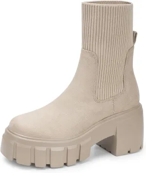 FITORY Women's Ankle Boots Comfy Chelsea Mid Heel Elastic Chunky Heel Lug Sole Booties Size 6-11