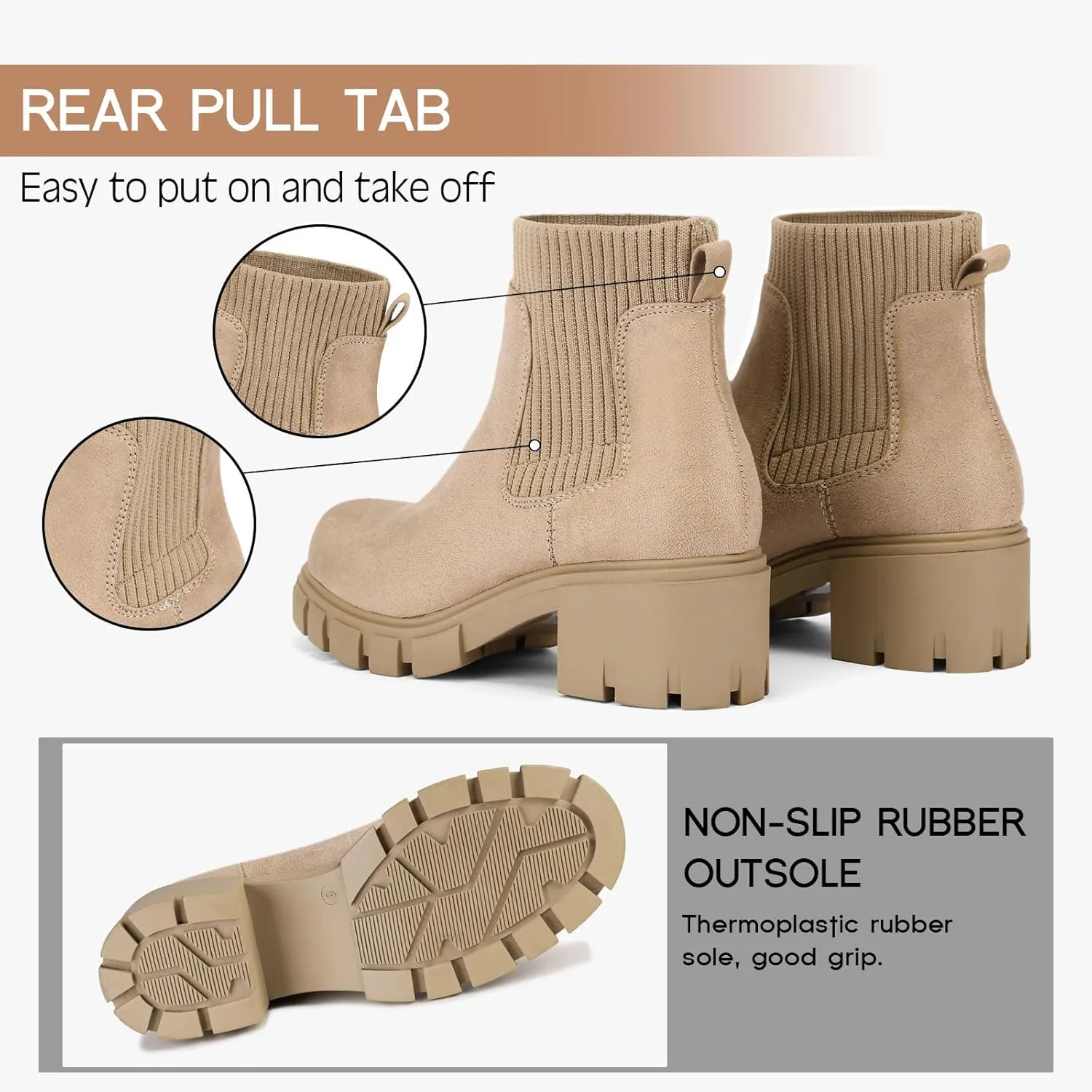 FITORY Women's Ankle Boots Comfy Chelsea Mid Heel Elastic Chunky Heel Lug Sole Booties Size 6-11