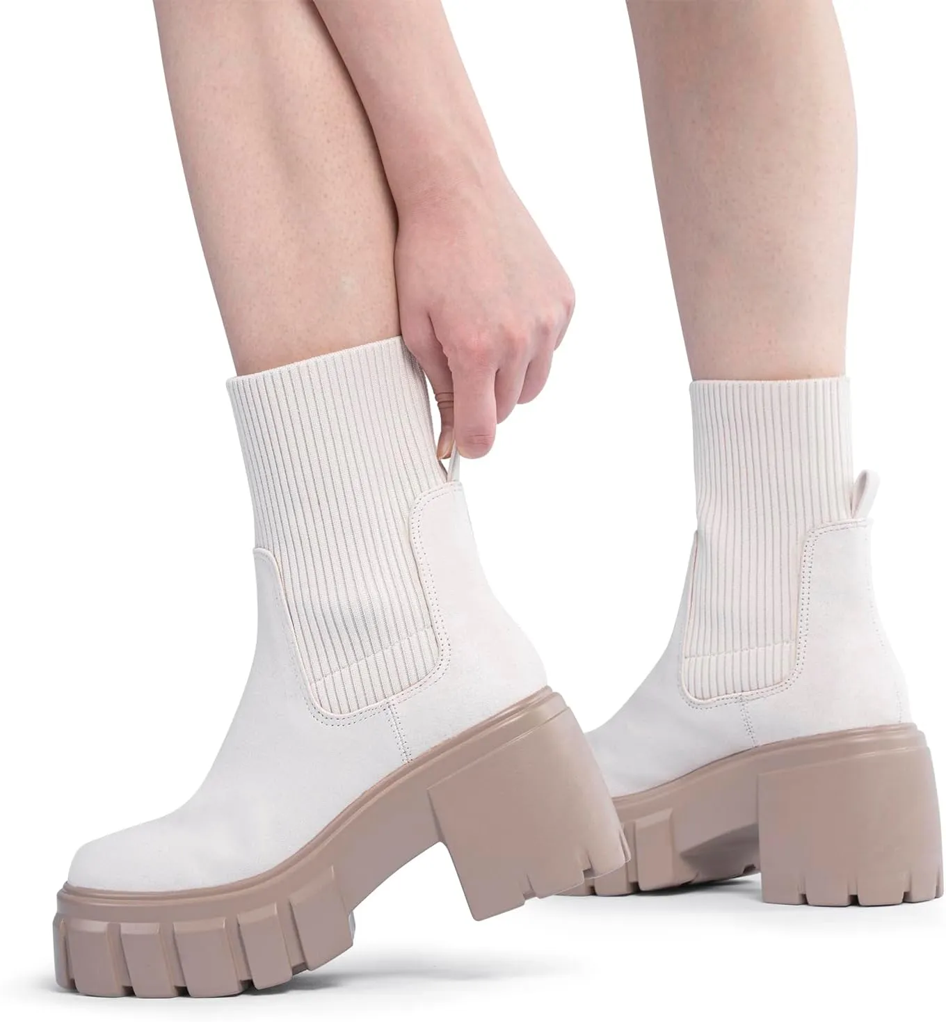 FITORY Women's Ankle Boots Comfy Chelsea Mid Heel Elastic Chunky Heel Lug Sole Booties Size 6-11