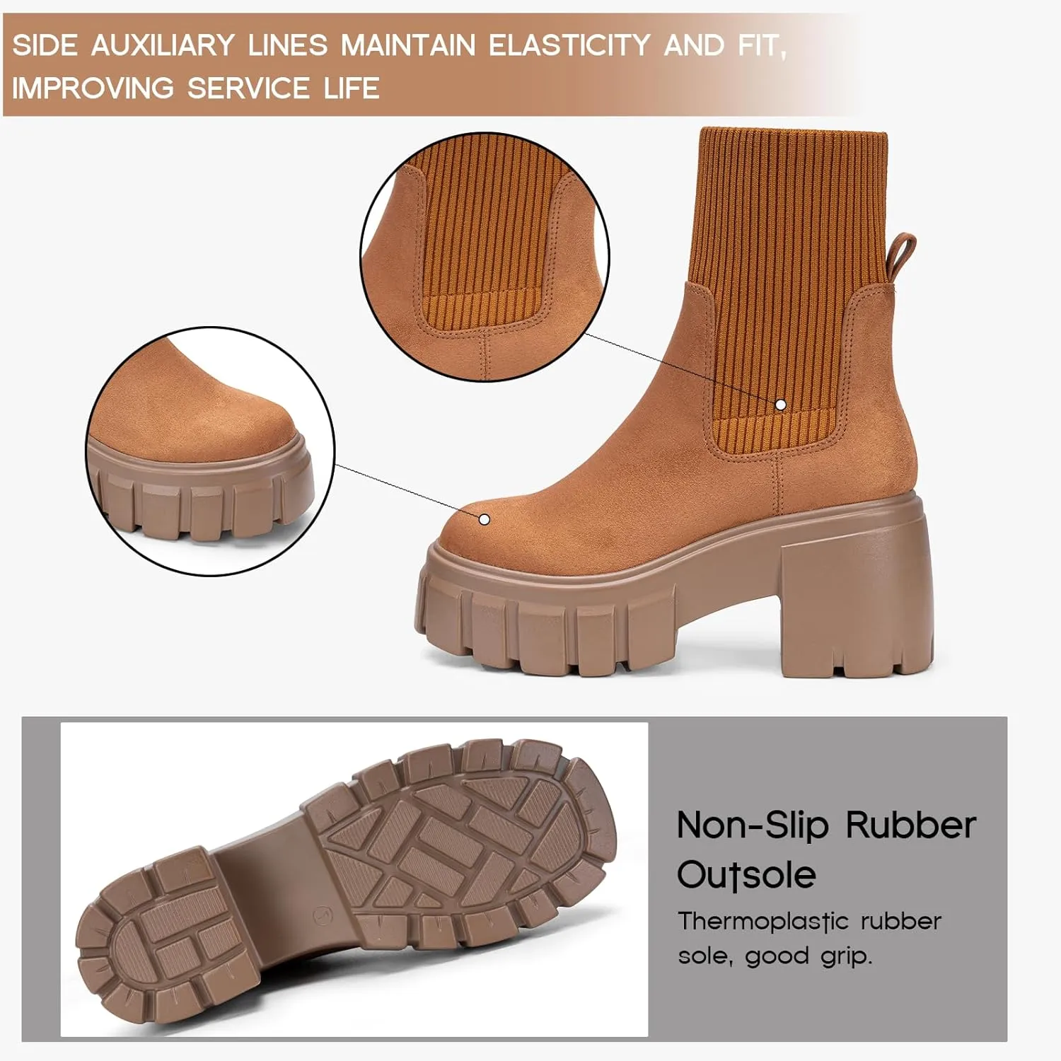 FITORY Women's Ankle Boots Comfy Chelsea Mid Heel Elastic Chunky Heel Lug Sole Booties Size 6-11