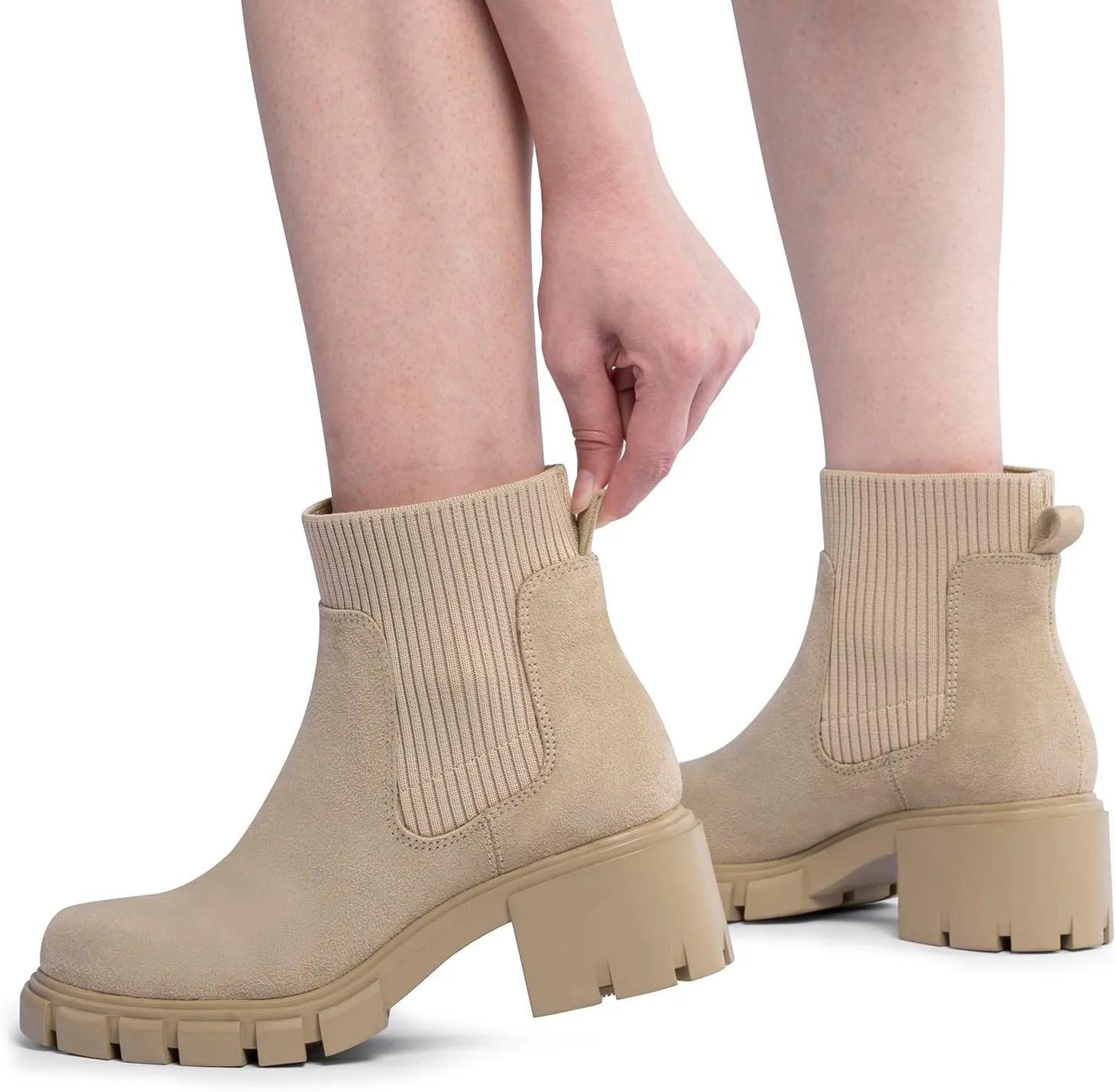 FITORY Women's Ankle Boots Comfy Chelsea Mid Heel Elastic Chunky Heel Lug Sole Booties Size 6-11