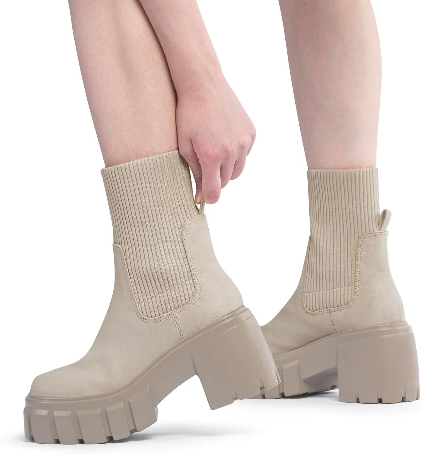 FITORY Women's Ankle Boots Comfy Chelsea Mid Heel Elastic Chunky Heel Lug Sole Booties Size 6-11
