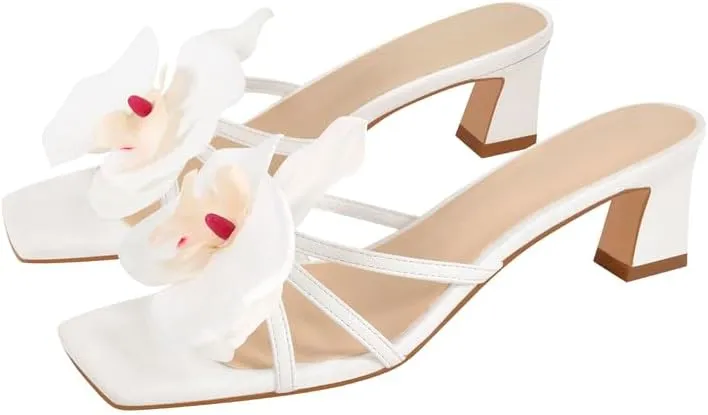 Flower Square Toe Low Heel Sandals