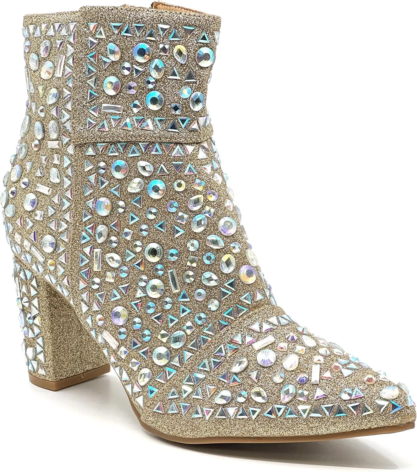 Forever Women Rhinestone Glitter Block Chunky Heel Ankle Booties