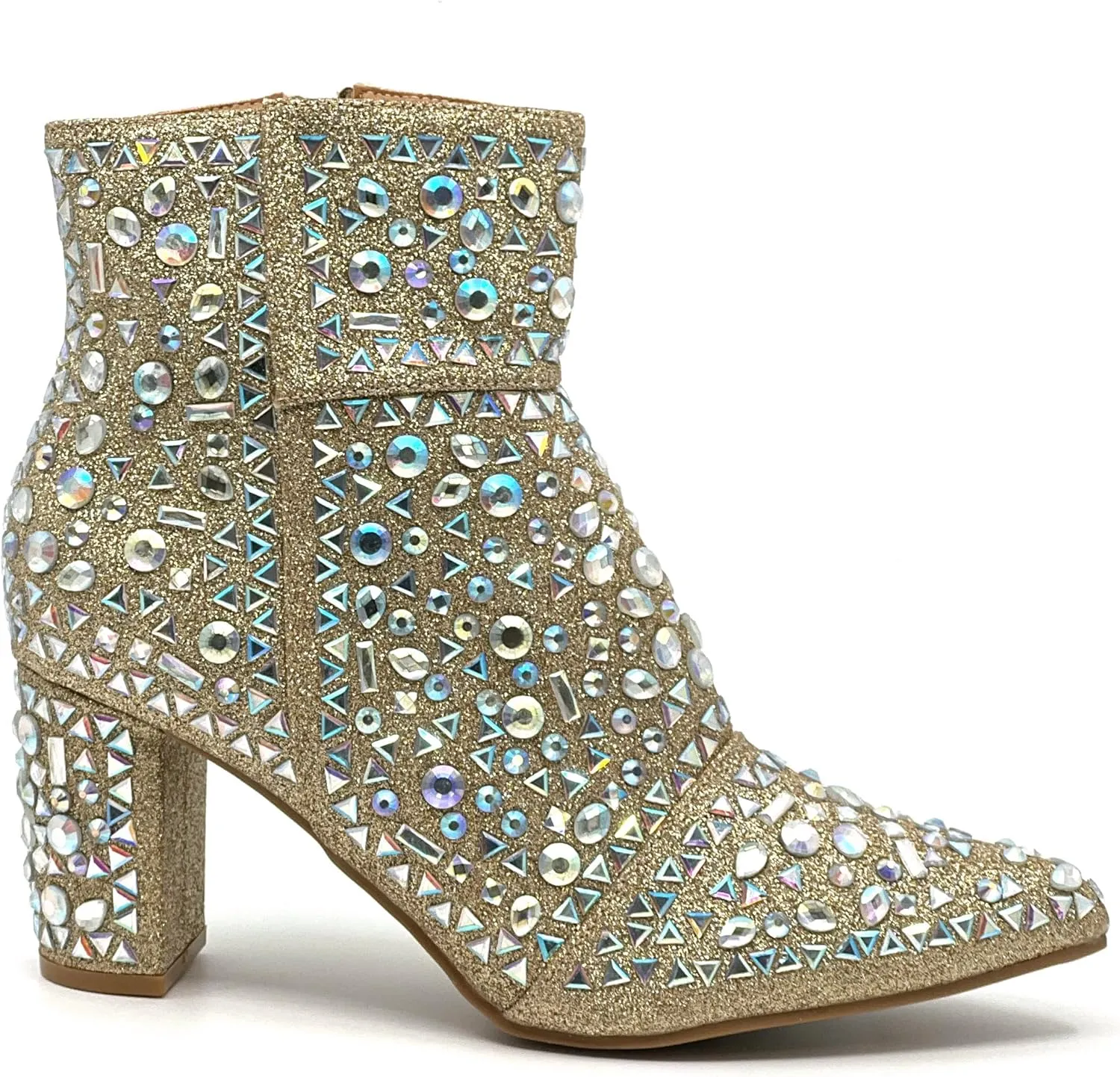 Forever Women Rhinestone Glitter Block Chunky Heel Ankle Booties