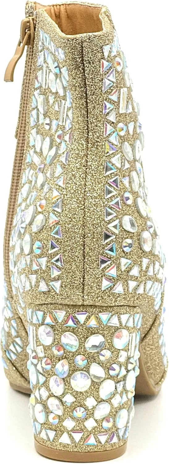 Forever Women Rhinestone Glitter Block Chunky Heel Ankle Booties