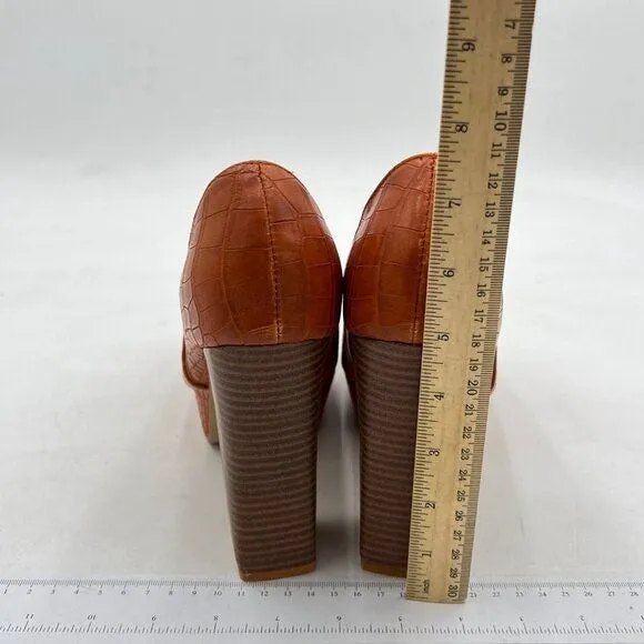 FOWT Brown Crocodile-Textured Chunky High Heel Square Toe Loafer Platform Pump