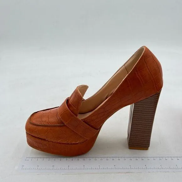FOWT Brown Crocodile-Textured Chunky High Heel Square Toe Loafer Platform Pump